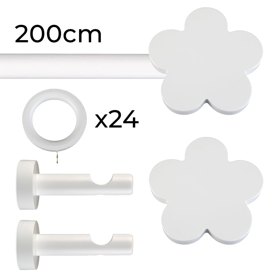 Tringle à rideau Ø22mm Fleur blanche Avec anneaux Installation au mur